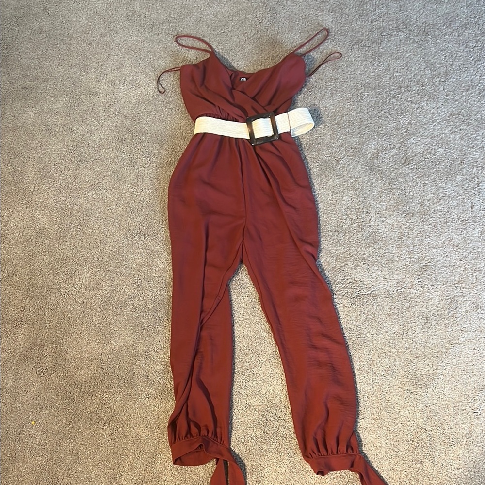 Zara Red Jumpsuit with Belted Waist and Long Sleeves